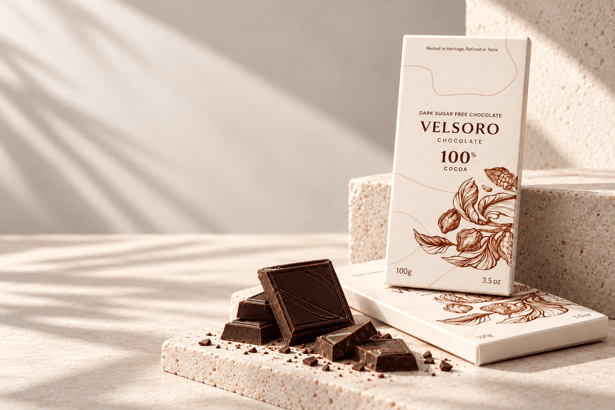 Velsoro Sugar Free 100% cocoa dark chocolate bar from Ghana on a stone block