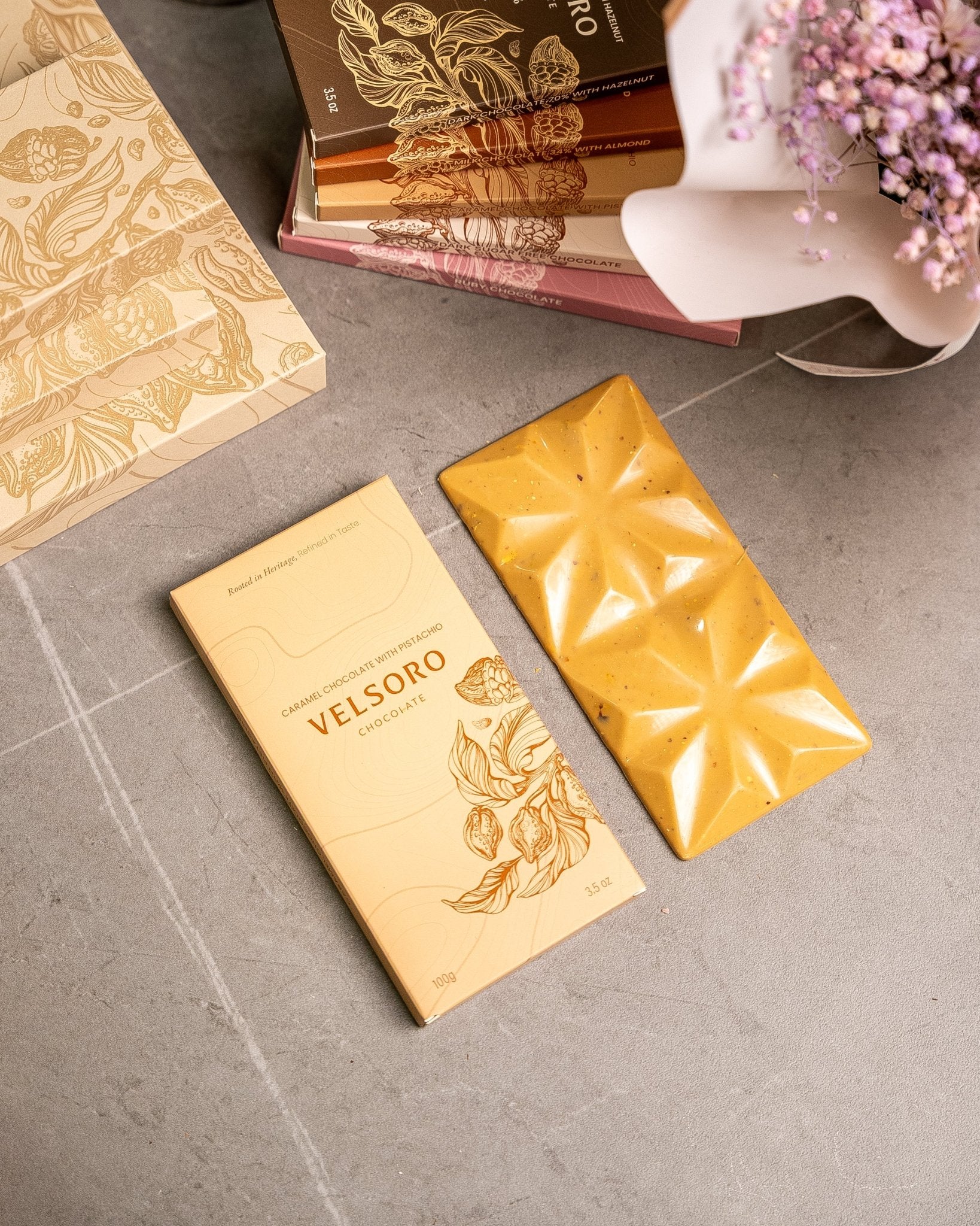 Caramel Chocolate with Roasted Crushed Pistachios - VELSORO CHOCOLATE