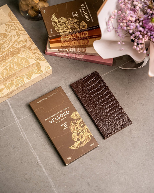 Dark Chocolate 70% with Roasted Crushed Hazelnuts - VELSORO CHOCOLATE