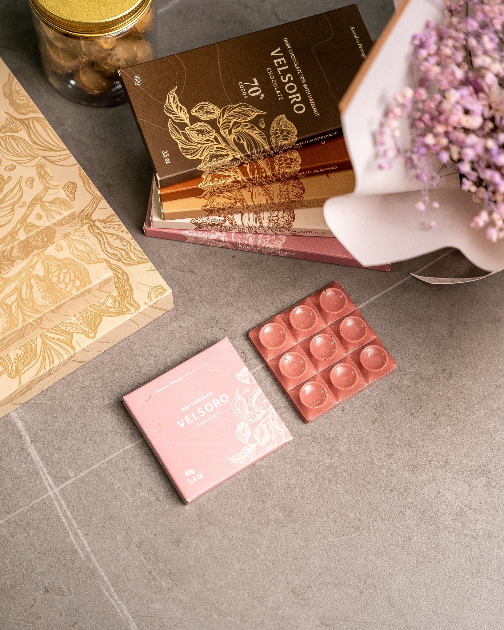 Ruby Chocolate Bar with Roasted Crushed Pistachios – 40g - VELSORO CHOCOLATE