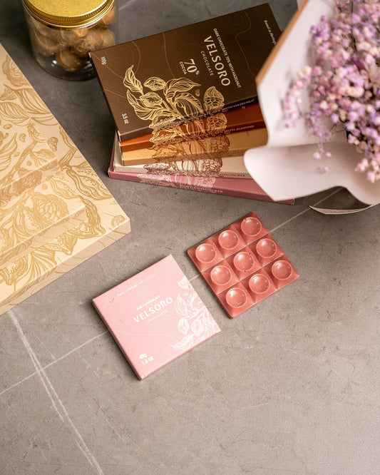 Ruby Chocolate Bar with Roasted Crushed Pistachios – 40g - VELSORO CHOCOLATE