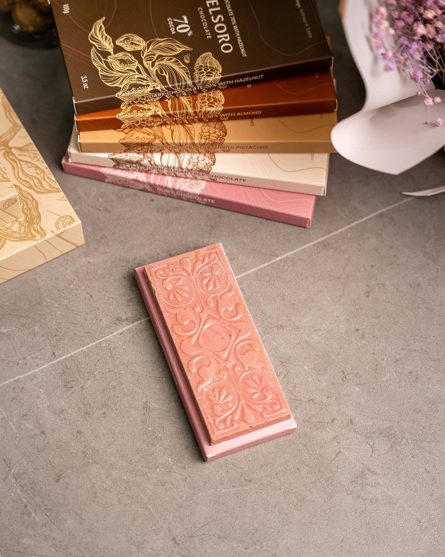 Ruby Chocolate Bar with Roasted Crushed Pistachios – 56g - VELSORO CHOCOLATE