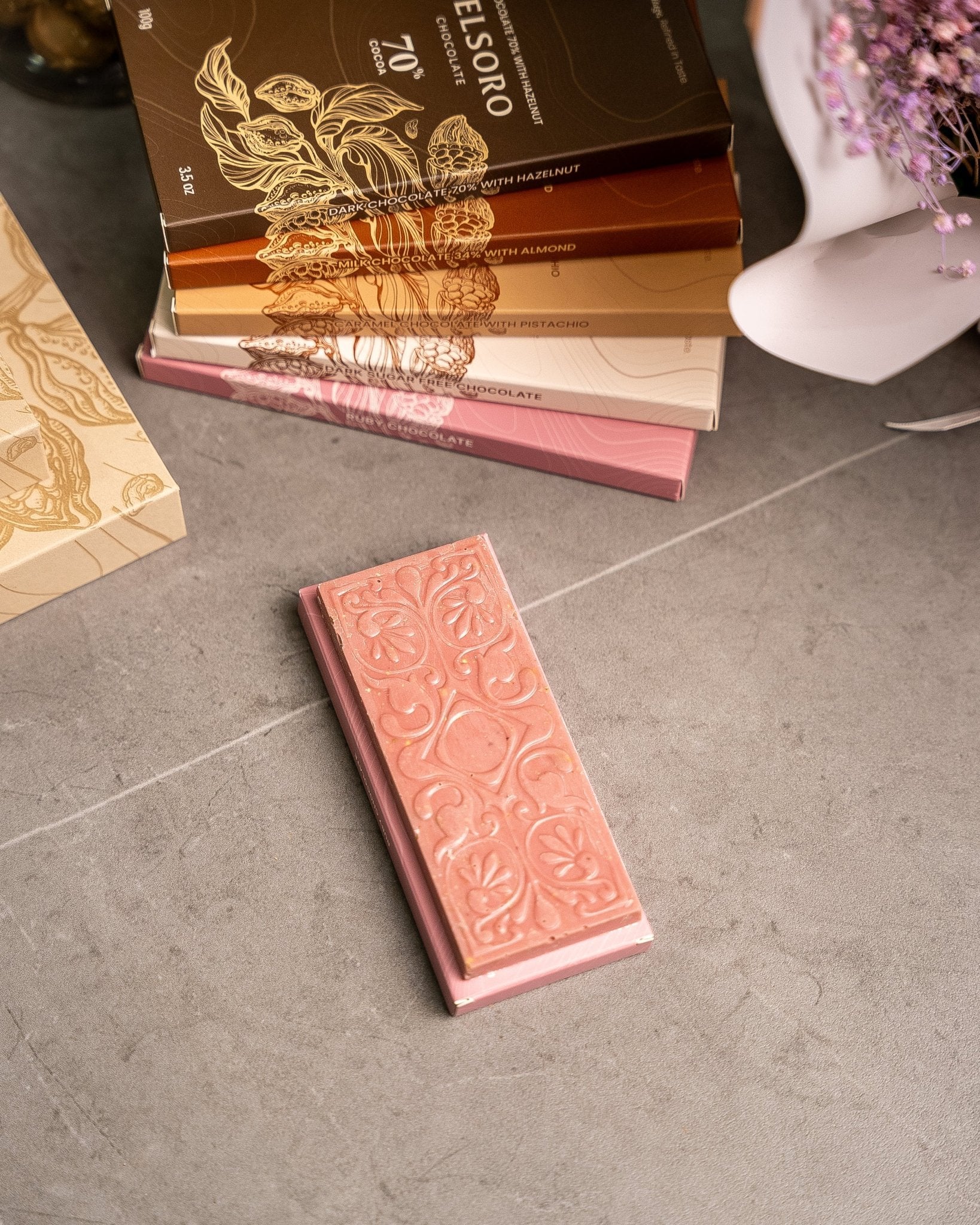 Ruby Chocolate Bar with Roasted Crushed Pistachios – 56g - VELSORO CHOCOLATE