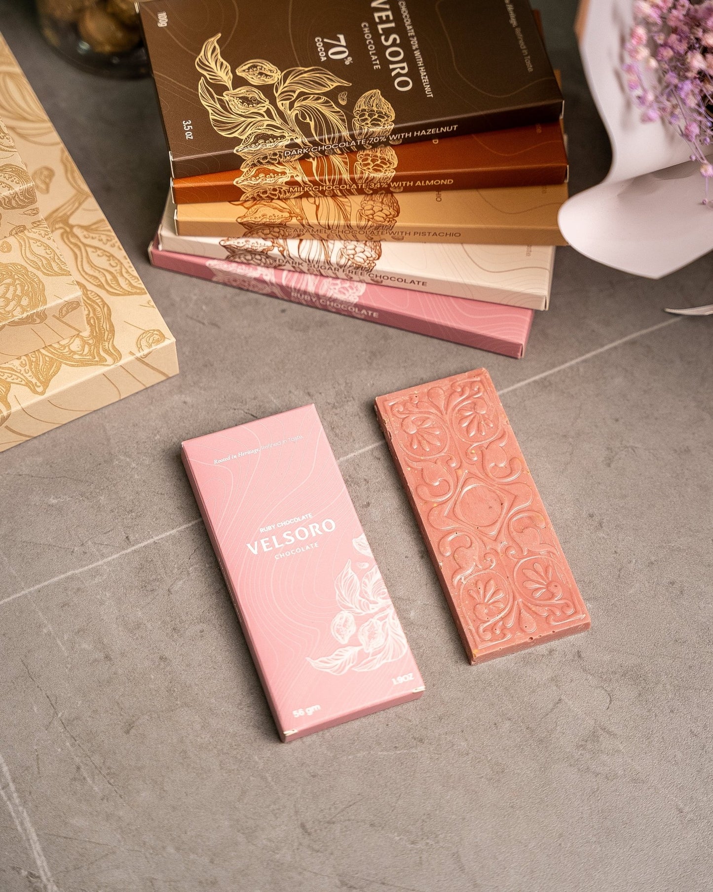 Ruby Chocolate Bar with Roasted Crushed Pistachios – 56g - VELSORO CHOCOLATE
