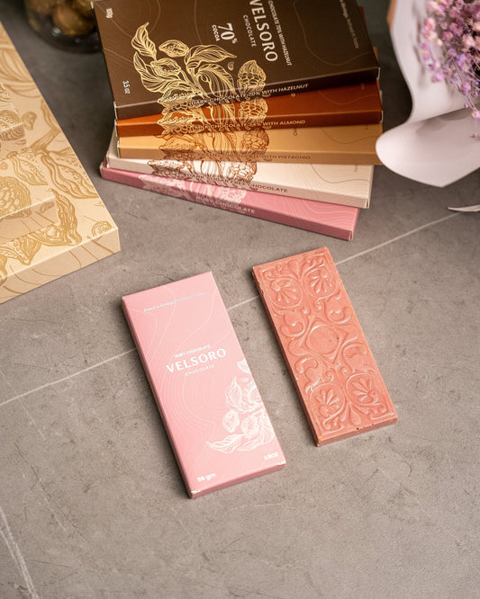 Ruby Chocolate Bar with Roasted Crushed Pistachios – 56g - VELSORO CHOCOLATE